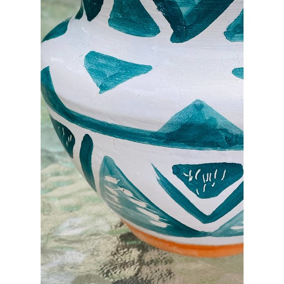 Teal and White Pottery Vase with Geometric Pattern - Picture 7 of 12